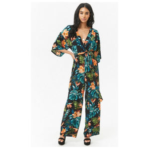 Forever 21 Crepe Tropical Print Surplice Jumpsuit